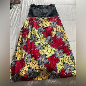 Vintage Upcycled Handmade Denim Patchwork Maxi Skirt 6‎ Floral Mixed Media Boho